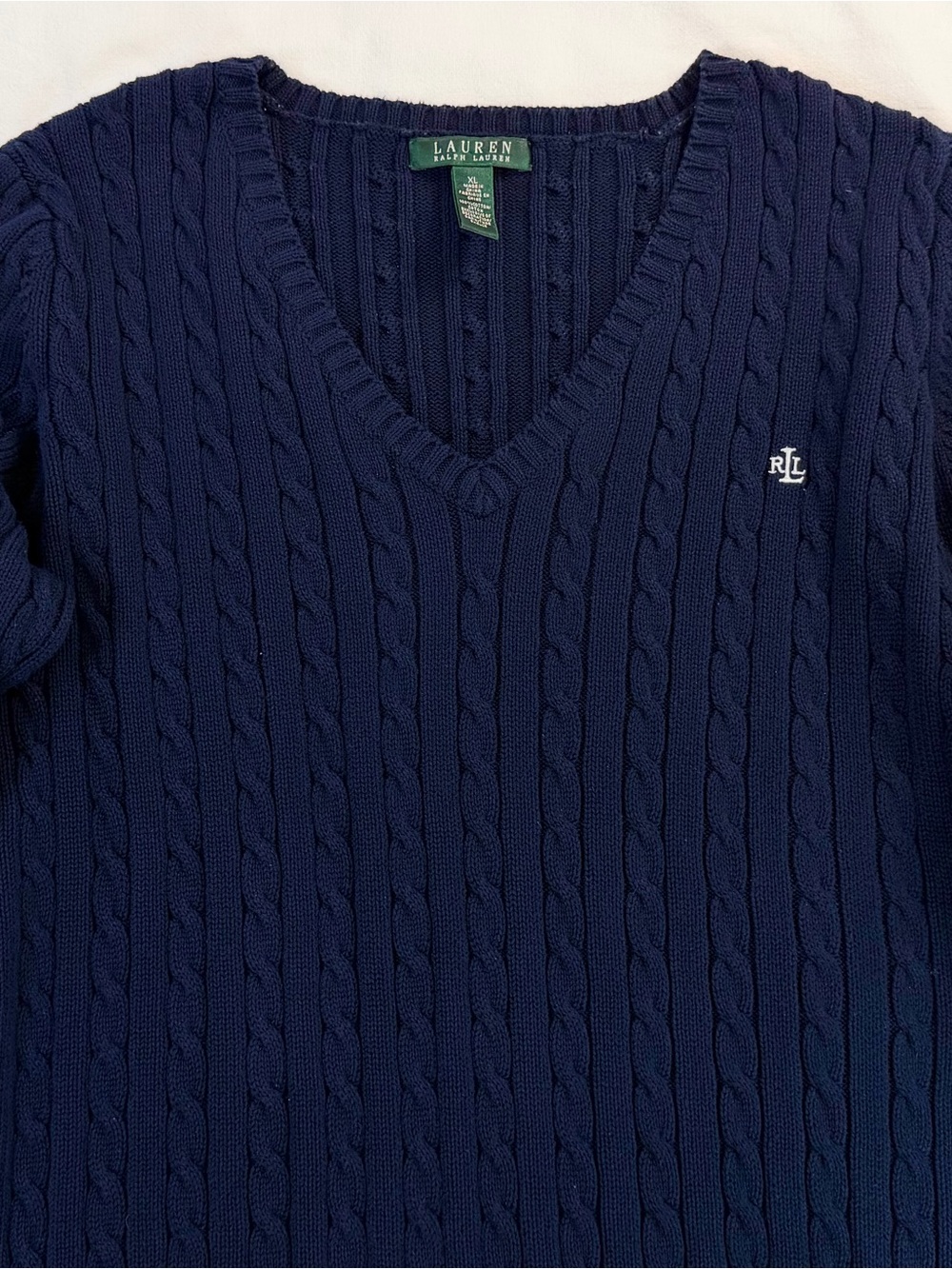 Lauren Ralph Lauren Navy Blue V-Neck Cable Knit Cotton Sweater XL - Picture 3 of 9